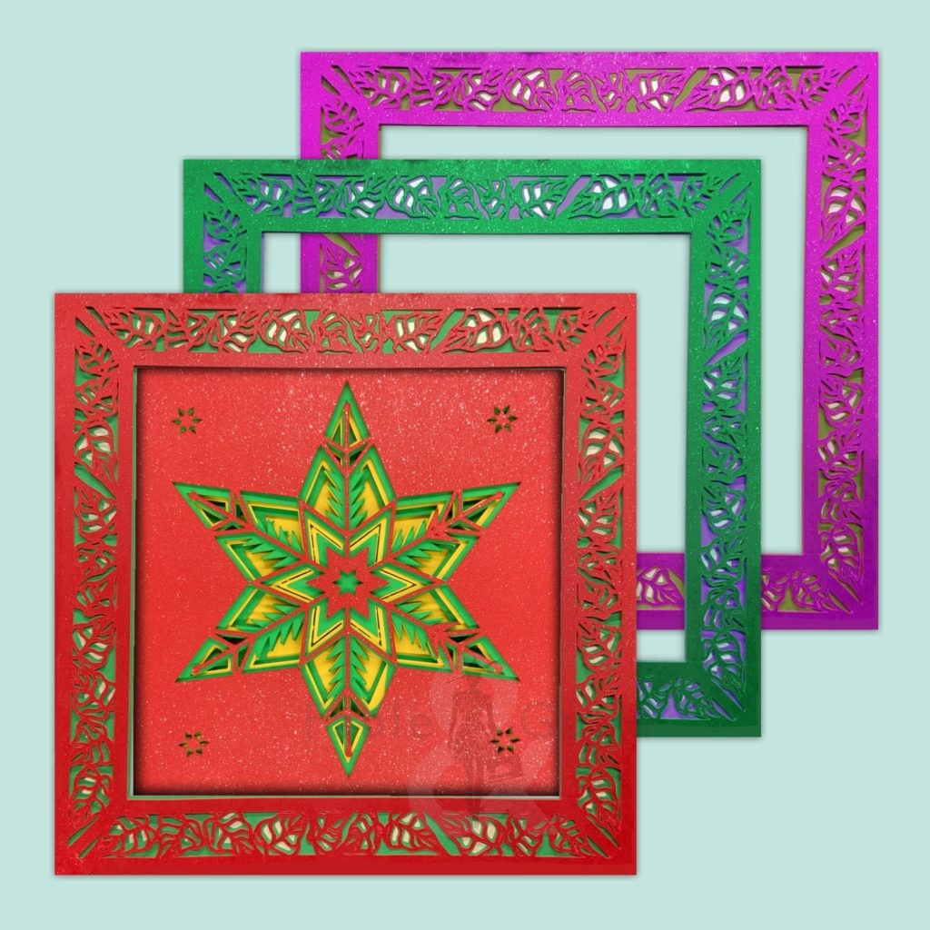 3D Christmas Holiday Poinsettia SVG Shadow Box Picture Frame Set