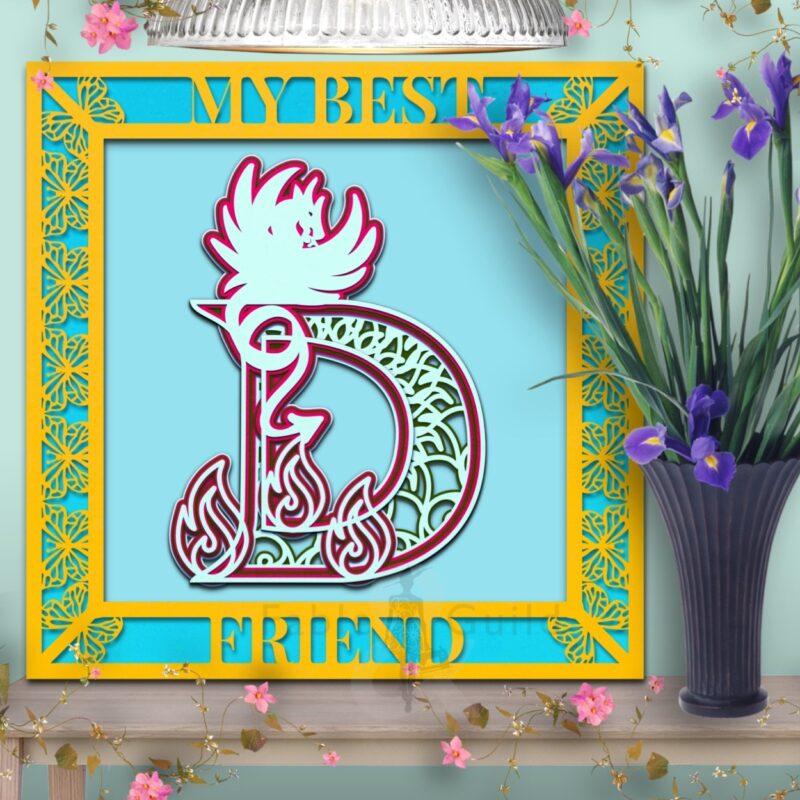 Drakko the Dragon Alphabet Letter D in the 3D Butterfly Celebration SVG Shadow Box Picture Frame