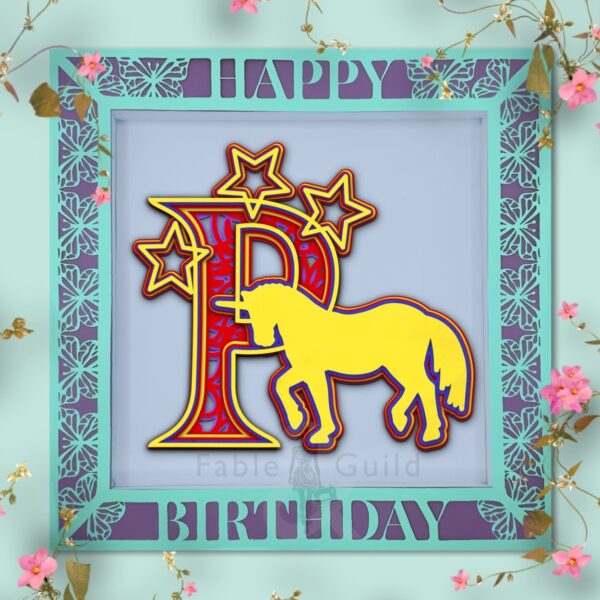 Star the Unicorn Alphabet Letter P in the 3D Butterfly Celebration SVG Shadow Box Picture Frame