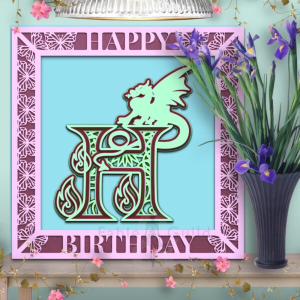 Drakko the Dragon SVG Cut File Letter H in the 3D Butterfly Celebration SVG Shadow Box Picture Frame