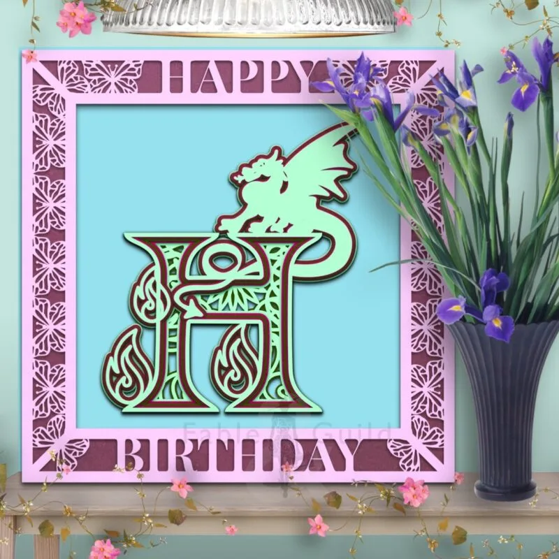 Drakko the Dragon SVG Cut File Letter H in the 3D Butterfly Celebration SVG Shadow Box Picture Frame